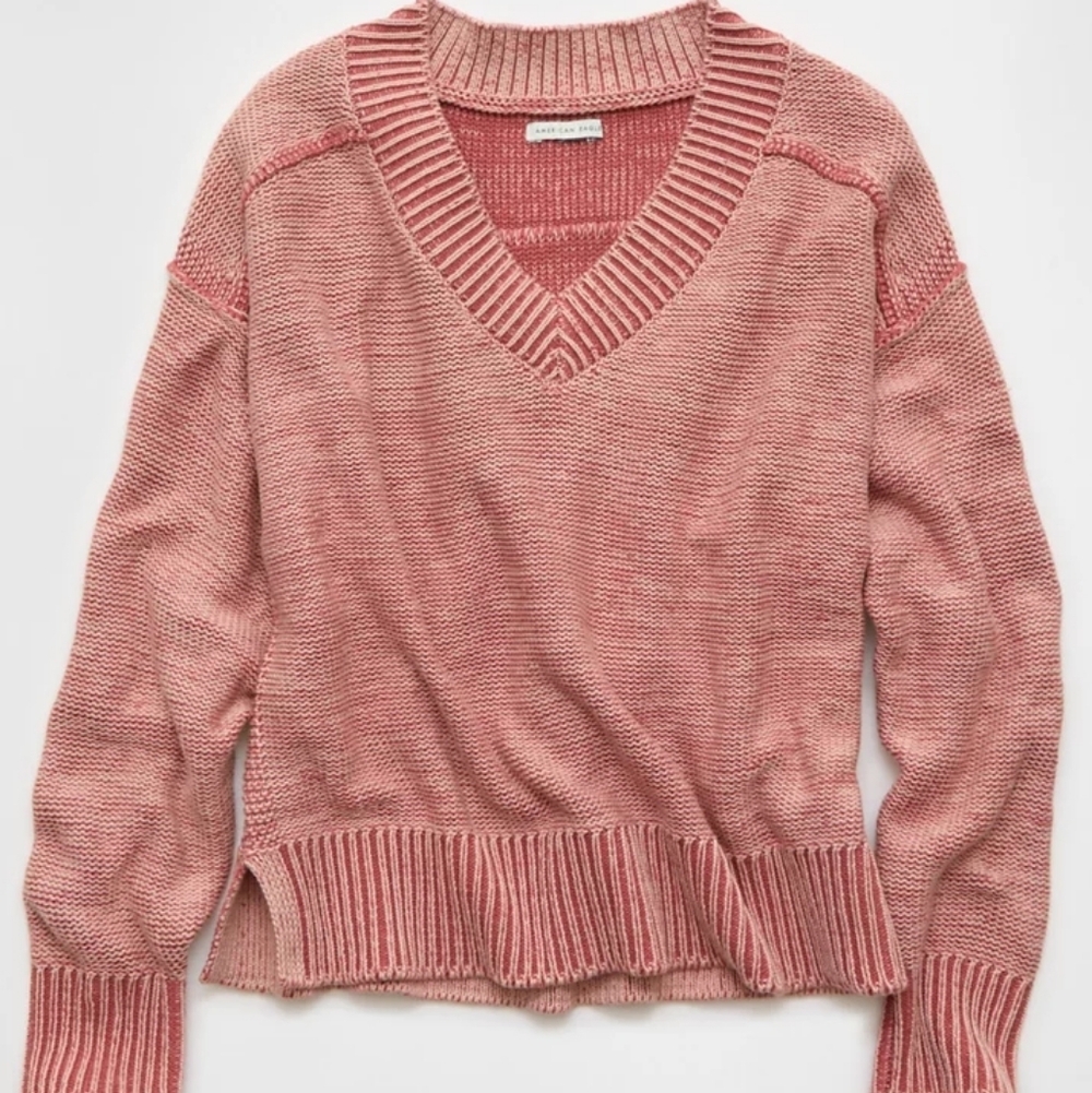 American Eagle Long Weekend V-Neck Sweater Cropped Drop Shoulder Pink Large NWT